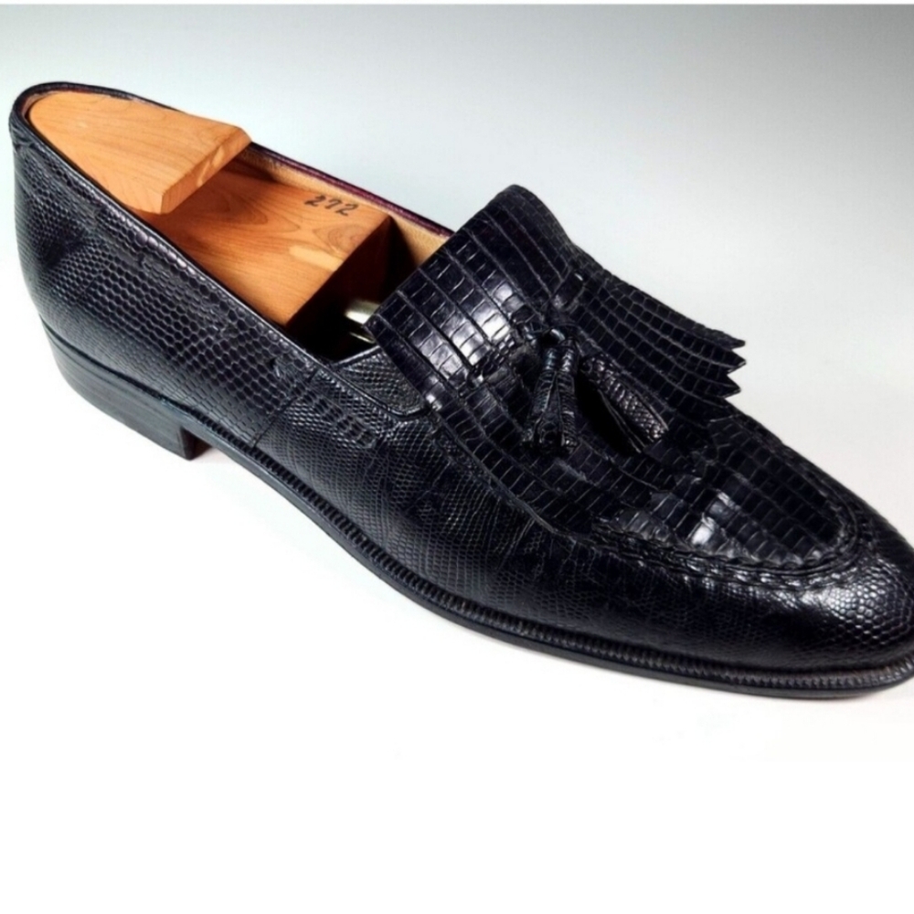 Vintage Mauri Italy Lizard Skin Black Men's Shoes with Tassels Size 9.5